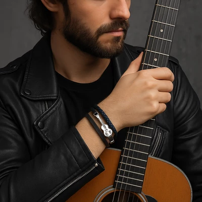 Gitár medálos bőr karkötő
