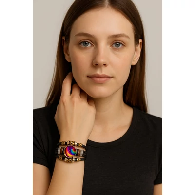 3 dimenziós szivárványos bolygós bőr karkötő