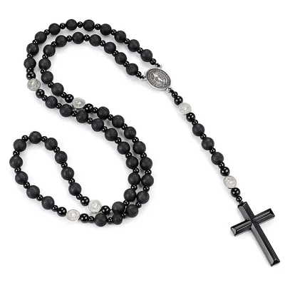 Fekete lávaköves rózsafüzéres férfi nyaklánc