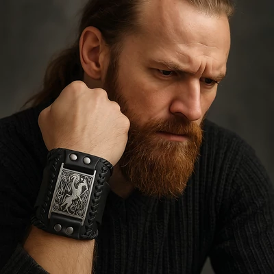 Viking férfi bőr karkötő állatmotívummal