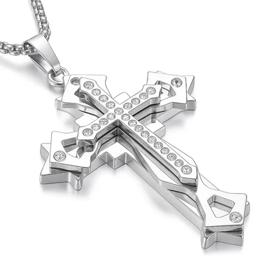 Ezüst dupla retegű strasszköves férfi kereszt nyaklánc