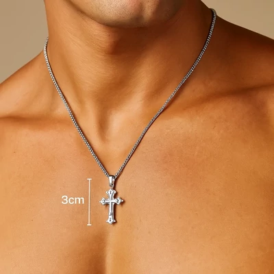 Ezüst dupla retegű strasszköves férfi kereszt nyaklánc