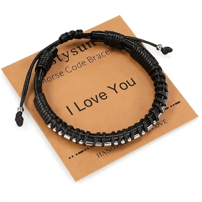 Morzekódos acél-bőr szeretlek férfi karkötő