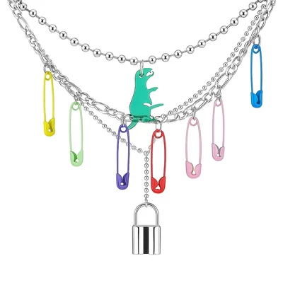 Háromsoros lakatos, dinós, biztosítótűs nyaklánc