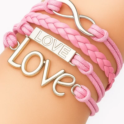 LOVE rózsaszín bőr karkötő