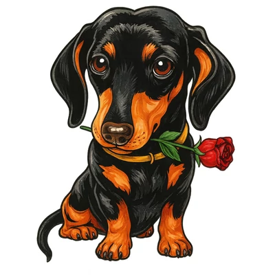 Tacskó rózsával kitűző