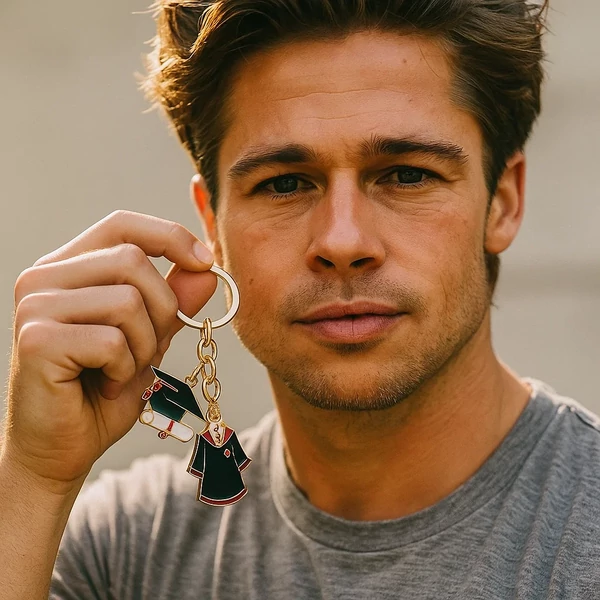 Diplomaosztós kulcstartó Brad Pitt kezében