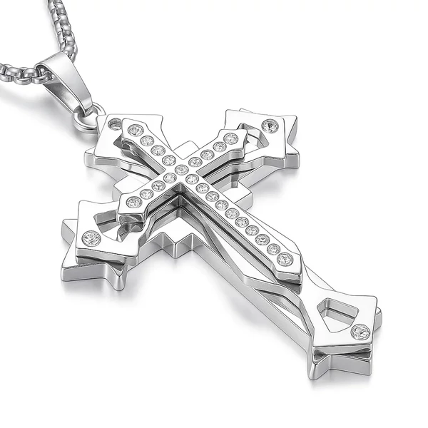 Ezüst dupla retegű strasszköves férfi kereszt nyaklánc