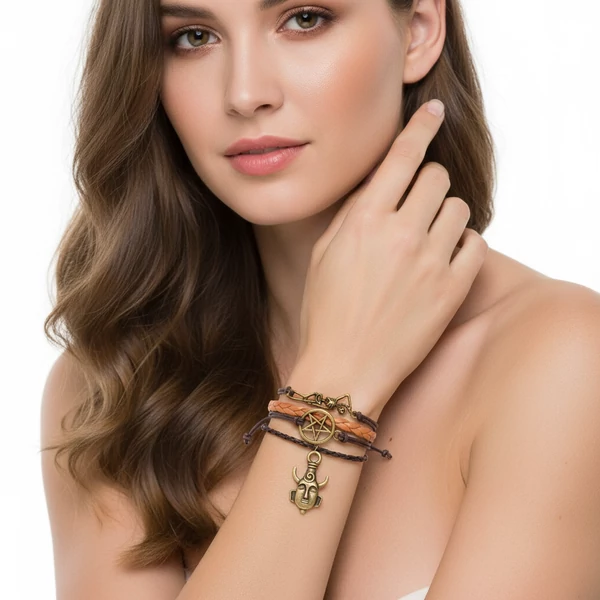 Három medálos Odaát bőr karkötő modellen