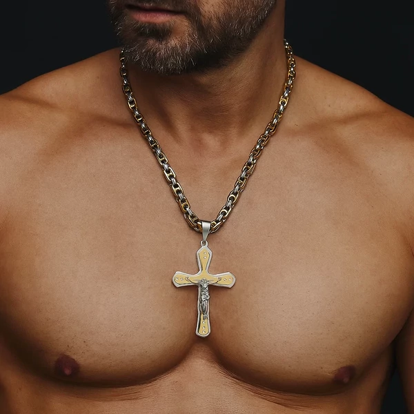 Arany-ezüst acél férfi kereszt nyaklánc nyakban